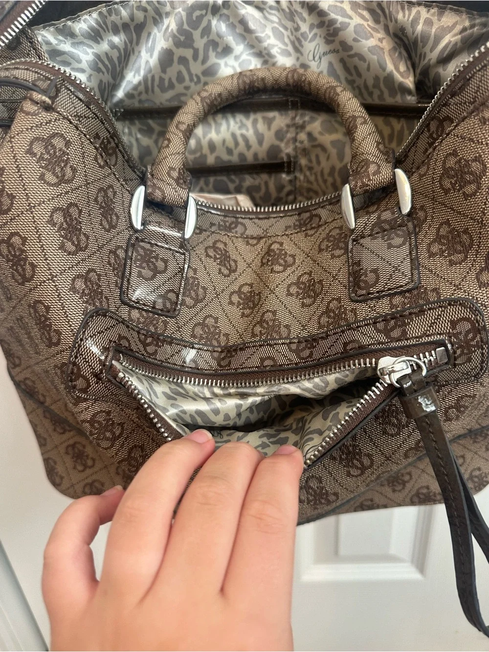 GUESS Brown Monogram Satchel Purse with Logo Plaque